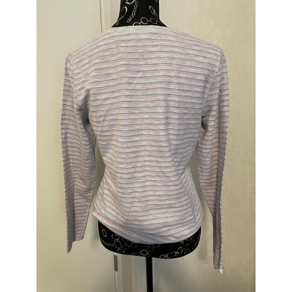 Striped Long Sleeve Top, Grey Lavender Knit Crew Neck T-Shirt - Picture 3 of 4